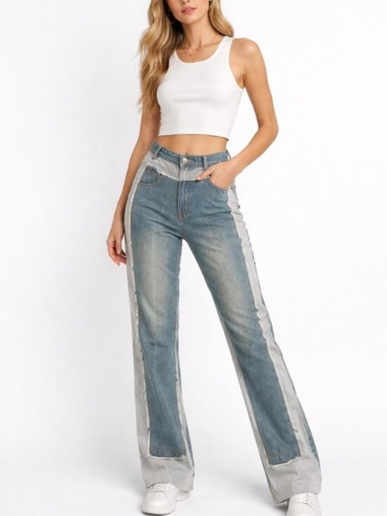 Hot & Delicious Denim - Wide-Leg Two-Tone Patchwork Jeans with Adjustable Jogger Bottom